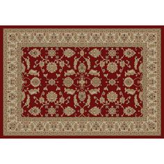 a red rug with white and gold accents