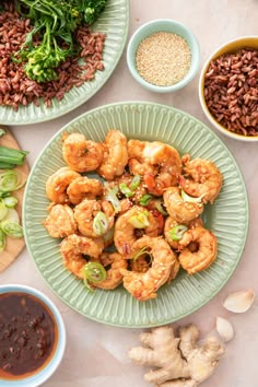 there are many different types of food on the table, including rice and broccoli