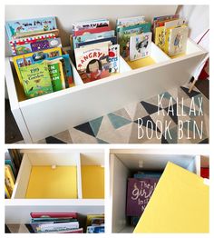 the bookshelf is filled with children's books and other things to read