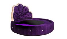 a purple bed with white dots on the headboard and footrests is shown in front of a white background