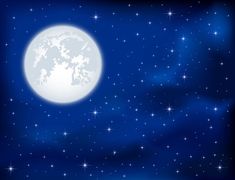 the full moon shines brightly in the night sky with stars all around it on a dark blue background