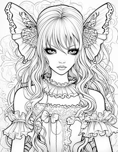 a girl with long hair and butterfly wings on her head is shown in this coloring page