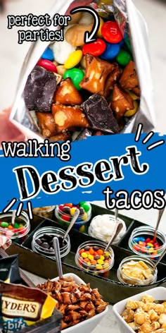 there are many different types of desserts in the bag and on the table with it's name