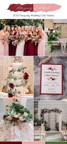 the wedding color palette is red, pink and green with white flowers on it's side