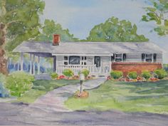 a watercolor painting of a house in the country