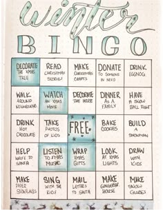 a hand drawn poster with words on it that say winter bingo and other things