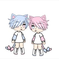 two anime characters with pink and blue hair, one is holding a cat's tail