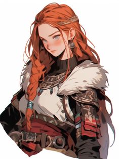 a woman with long red hair wearing armor