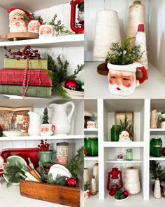 the shelves are filled with christmas decorations and other items