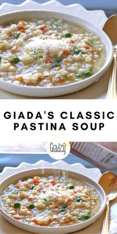 two pictures showing different types of pasta in white bowls with gold spoons on the side