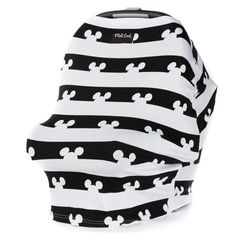 a black and white striped diaper with mickey mouse print on the front, sitting in front of a white background