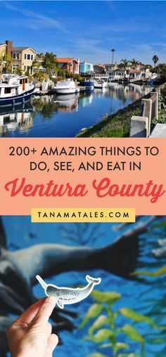 a person pointing to the water with boats in the background and text overlay reading 200 amazing things to do, see and eat in ventura county