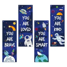 three space themed wall hangings with the words you are loved, you are smart