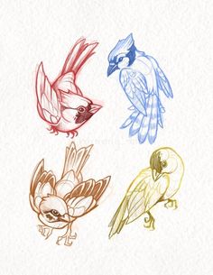 four different colored birds sitting next to each other on top of a white paper surface