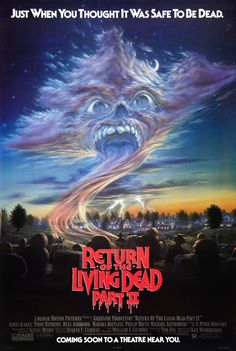 a movie poster for the return of the living dead part ii, with an evil face