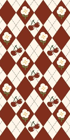 a checkerboard pattern with cherries and cherries on the side, in red and white