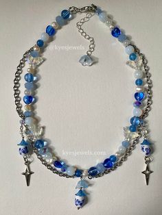 Celestial Blue Beaded Necklaces, Handmade Blue Fairycore Jewelry, Handmade Blue Celestial Necklace, Handmade Whimsical Blue Beaded Necklaces, Whimsical Handmade Blue Beaded Necklaces, Whimsical Blue Beaded Necklaces, Diy Necklace Designs, Blue Necklaces, Beaded Necklace Blue