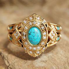 Warrior's Glory Ring - Serene Western Turquoise And Gold Jewelry, Silver Western Rings, Vintage Turquoise Jewelry, Western Rings, Ring Elegant, Turquoise And Gold, Vintage Boho Fashion, Rhinestone Ring, Vintage Turquoise