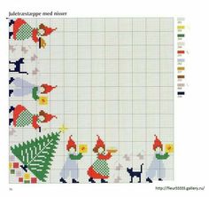 a cross stitch pattern with gnomes and christmas trees in the middle, on a white background