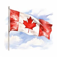 the canadian flag is flying high in the blue sky with white clouds behind it and red maple leaf