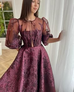 Enchanting Daisy Dreamscape Gown | Teuta Matoshi Teuta Matoshi, Puff Sleeve Gown, Baby Pink Dresses, Brocade Dress, Exquisite Gowns, Sleeve Gown, Brocade Dresses, Floral Gown, Trendy Fashion Tops