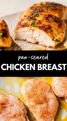 pan - seasoned chicken breast on a plate with lemon sauce