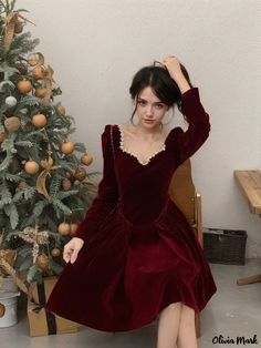 Olivia Mark - Elegant Long Sleeve Silk Gown Goth Christmas Outfit, Velvet Short Dress, Dresses Elegant Long, Strange Fashion, Velvet Dress Short, Goth Christmas, Dress Elegant Long, Burgundy Shorts, Romantic Goth