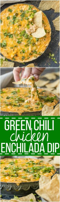 green chili chicken enchilada dip in a skillet