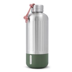 a stainless steel water bottle with a green lid and a red string attached to it