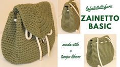 a crocheted green bag with white handles and drawstrings on it