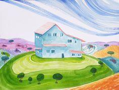 a painting of a house on a hill