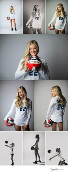 a woman holding a football and posing for the camera in multiple photoshopped images