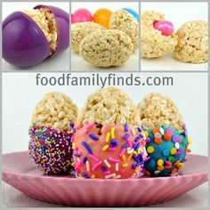 an image of rice krispy treats with sprinkles on them and the caption reads, dipped and decorated rice crispy treat eggs such as a cute easter idea