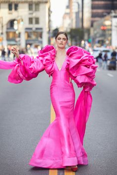 Low v neck satin mermaid gown with oversized 3d dramatic sleeves Bow Dress Outfit, Satin Mermaid Gown, Barbie Vibes, Pink Clothes, Dramatic Sleeves, Pink Passion, Oversized Sleeves, Red Carpet Ready, Statement Sleeves