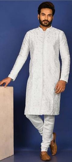 White and Off White color Kurta Pyjamas in Art Dupion Silk fabric with Embroidered, Thread work Luxury Classic White Kurta, Luxury White Jamawar Kurta, Dupion Silk, Thread Work, Off White Color, Silk Fabric, Party Wear, Off White, Silk