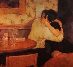 a painting of two people hugging at a table