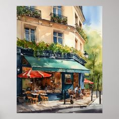 a painting of an outdoor cafe with tables and umbrellas in front of the building