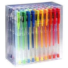 a clear plastic box filled with lots of different colored pens