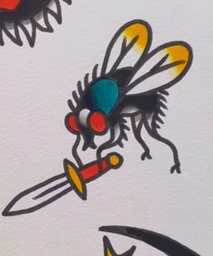 a drawing of a fly with a knife in it's mouth next to another insect