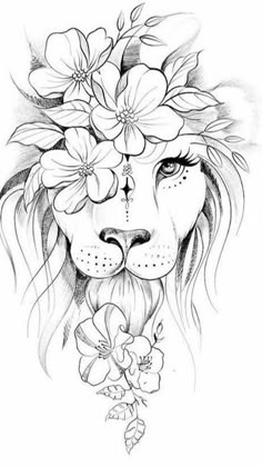 a drawing of a lion with flowers on its head