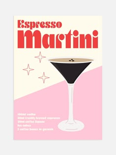 a poster with the words espresso martini in red, white and black on it