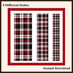 the three different plaid patterns are shown in red, black and white colors with text that reads