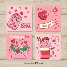 four coasters with hearts, flowers and mason jar designs on them for valentine's day