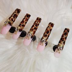 Leopard Print Nail Tips, Leopard Print Pink Nails, Birthday Nails Long, Cheetah Acrylic Nails, Catherine Nails, Bald Beauty, Different Nail Shapes, Cheetah Nails, Hard Nails