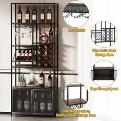 an image of a wine rack with bottles and glasses on it's shelves in the living room