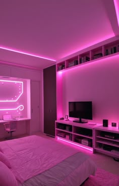 Pink Gaming Bedroom, Gaming Bedroom Aesthetic, Neon Bedroom Aesthetic, Neon Room Aesthetic, Bedroom Inspirations Aesthetic, Pink Gaming Chair, Bedroom Moody, Desk With Led Lights, Apartment Bedroom Ideas