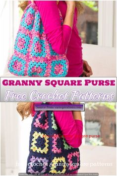 granny square purse free crochet pattern with the text granny square purse free crochet patterns