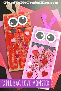 paper bag love monster craft for valentine's day with the text overlay that says,