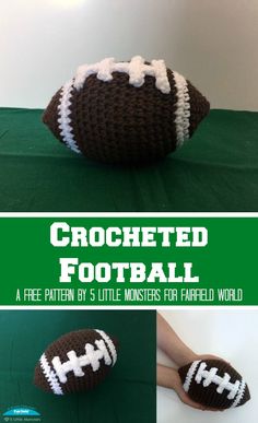 a crocheted football is sitting on top of a green surface with the words, crocheted football