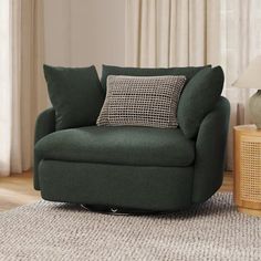 a green chair sitting on top of a rug